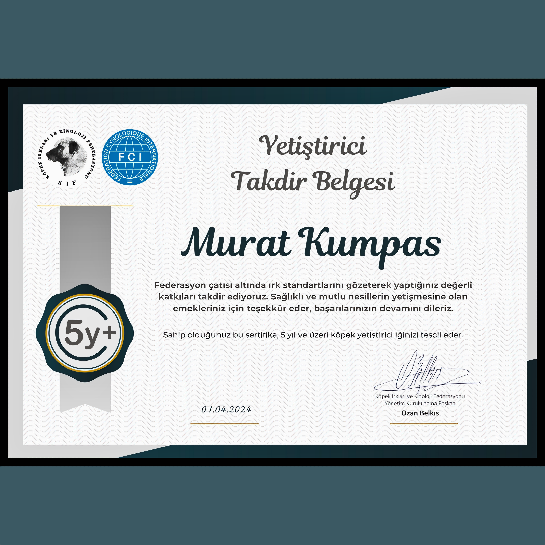 Yetiştirici Takdir Belgesi